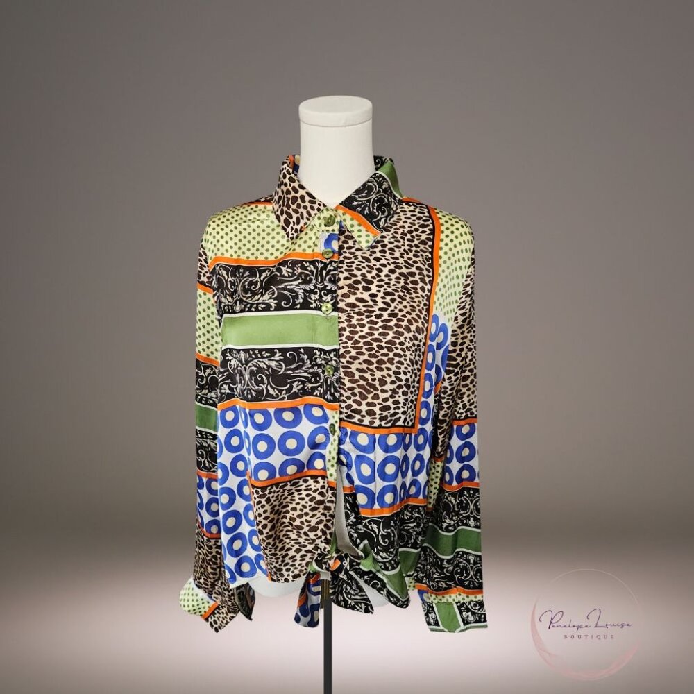 Kaktus Multi-Pattern Button-Up Blouse in Brown, Blue, Green, Black, Orange